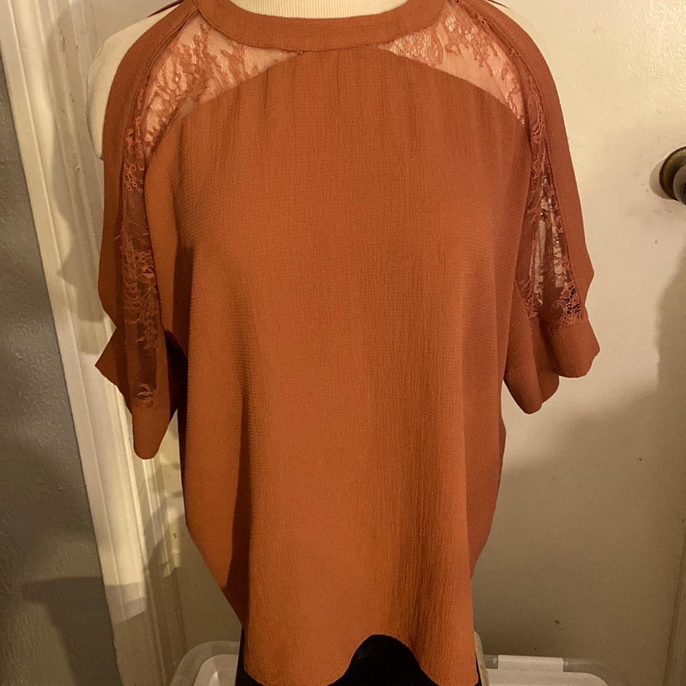 T. D. C. Size XS top. Cold shoulder lace yoke top size XS
